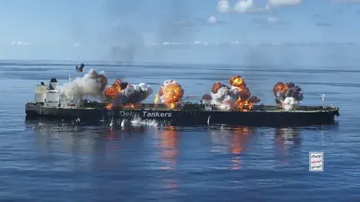 This frame grab from video released by the Ansar Allah Media Office, the media arm of Yemen's Houthi rebels, on Thursday, Aug. 29, 2024, shows explosions striking the Greek-flagged oil tanker Sounion in the Red Sea after Yemen's Houthi rebels boarded and set explosives on the tanker, which was earlier abandoned after the Houthis repeatedly attacked it, setting off blasts that put the Red Sea at risk of a major oil spill. The logo in the bottom righthand corner of the image reads in Arabic: "Yeme
