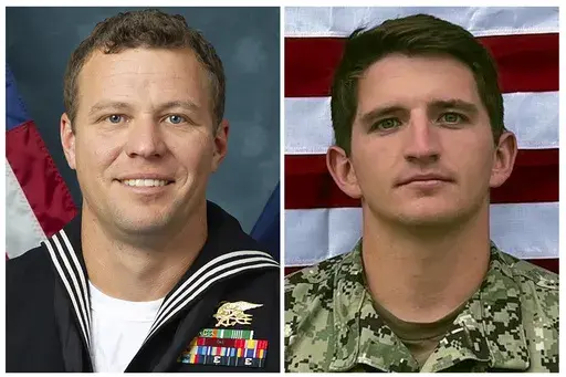 This combo image, provided by the Department of Defense, shows Navy Special Warfare Operator 1st Class Christopher J. Chambers, left, and Navy Special Warfare Operator 2nd Class Nathan Gage Ingram, right. Chambers and Ingram died while boarding an unflagged ship carrying illicit Iranian-made weapons to Yemen, Jan. 11, 2024, in the Arabian Sea. (Department of Defense via AP, File)