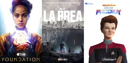 This combination of photos shows promotional art for the series "Foundation," premiering Sept. 24 on Apple TV+, "La Brea," premiering Sept. 18 on NBC and "Star Trek: Prodigy," premiering this fall on Paramount+. (AppleTV+/NBC/Paramount+ via AP)