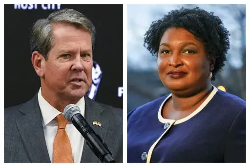 This combination of 2022 and 2021 file photos shows Georgia Gov. Brian Kemp, left, and gubernatorial Democratic candidate Stacey Abrams. Abrams is launching an intensive effort to get out the vote by urging potential supporters to cast in-person ballots the first week of early voting as she tries to navigate the state’s new election laws.  (AP Photo/Brynn Anderson, File)