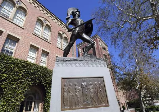 This Tuesday, March 12, 2019 file photo shows the iconic Tommy Trojan statue at the University of Southern California in Los Angeles. University of Southern California officials have canceled a commencement speech by its 2024 valedictorian, a pro-Palestinian Muslim, citing “substantial risks relating to security and disruption” of the event that draws 65,000 people to campus. (AP Photo/Reed Saxon, File)