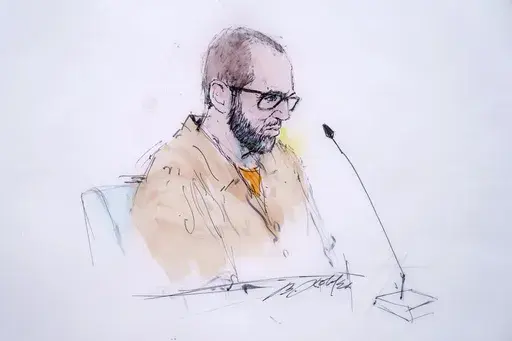 In this courtroom sketch Defendant Alexander Smirnov speaks in Federal court in Los Angeles, Feb. 26, 2024. (William T. Robles via AP, File)