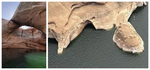 This combination of photos provided by the National Park Service shows the Double Arch intact in Rock Creek Bay at the Glen Canyon National Recreation Area, Utah, left, and after its collapse, Friday, Aug. 9, 2024. (Jacob E. Ohlson/National Park Service via AP)