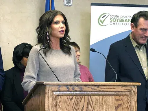 South Dakota Gov. Kristi Noem speaks at a news conference in Sioux Falls, Idaho, on Nov. 1, 2021. A South Dakota government accountability board has set an April deadline for Gov. Noem to respond to a pair of ethics complaints. (AP Photo/Stephen Groves, File)