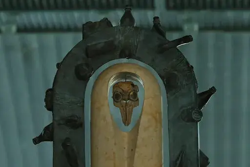 An altar constructed from recycled material of a vaquita porpoise skull is pictured during a march in support of the endangered porpoise, in Mexico City, Feb. 17, 2018.  The U.S. Trade Representative’s Office filed the first environmental complaint against Mexico Thursday, Feb. 10, 2022, for failing to protect the critically endangered vaquita marina, the world’s smallest porpoise. (AP Photo/Marco Ugarte, File)