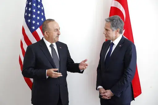 U.S. Secretary of State Antony Blinken meets with Turkish Foreign Minister Mevlut Cavusoglu at the United Nations Wednesday, May 18, 2022. (Eduardo Munoz/Pool via AP)