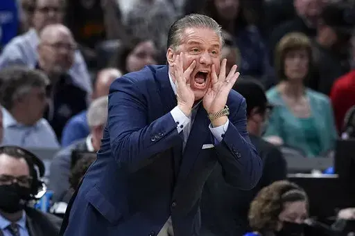 Kentucky head coach John Calipari directs his team during the first half of a college basketball game against St. Peter's in the first round of the NCAA tournament, Thursday, March 17, 2022, in Indianapolis. Kentucky is No. 4 in the preseason AP Top 25 men's basketball poll released Monday, Oct. 17, 2022. (AP Photo/Darron Cummings, File)