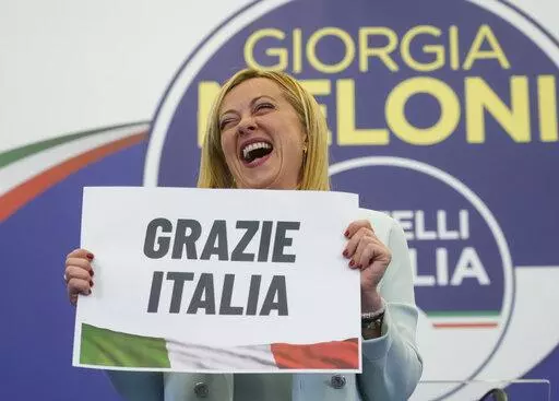 Far-Right party Brothers of Italy's leader Giorgia Meloni shows a placard reading in Italian "Thank you Italy" at her party's electoral headquarters in Rome, early Monday, Sept. 26, 2022. Italians voted in a national election that might yield the nation's first government led by the far right since the end of World War II. (AP Photo/Gregorio Borgia)