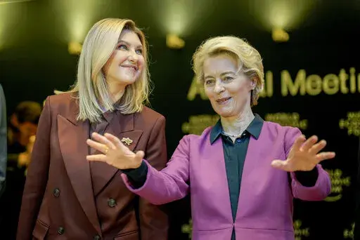 First Lady of Ukraine Olena Zelenska, left, and EU Commission President Ursula von der Leyen attend a session at the World Economic Forum in Davos, Switzerland Tuesday, Jan. 17, 2023. The annual meeting of the World Economic Forum is taking place in Davos from Jan. 16 until Jan. 20, 2023. (AP Photo/Markus Schreiber)