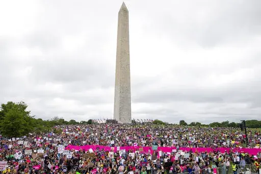 Abortion rights demonstrators rally, Saturday, May 14, 2022, on the National Mall in Washington, during protests across the country. (AP Photo/Amanda Andrade-Rhoades)