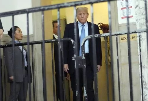 Former President Donald Trump returns to the courtroom after the lunch break of his civil business fraud trial, Wednesday, Oct. 18, 2023, at New York Supreme Court in New York. (AP Photo/Seth Wenig)