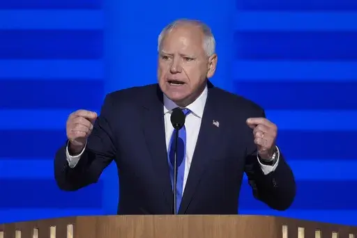 Democratic vice presidential nominee Minnesota Gov. Tim Walz speaks during the Democratic National Convention Wednesday, Aug. 21, 2024, in Chicago. (AP Photo/J. Scott Applewhite)