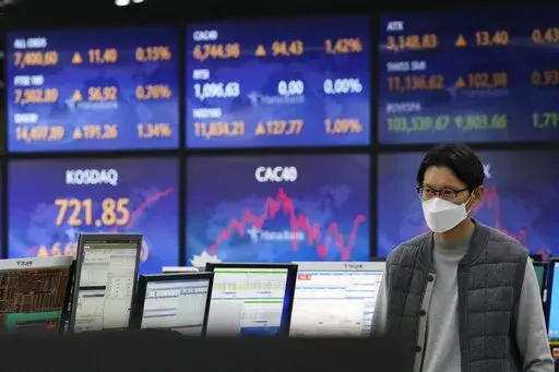 A currency trader passes by the screens showing the foreign exchange rates at the foreign exchange dealing room of the KEB Hana Bank headquarters in Seoul, South Korea, Wednesday, Dec. 14, 2022. Stocks rose Wednesday in Asia after a rally on Wall Street spurred by news that inflation in the U.S. cooled more than expected last month. (AP Photo/Ahn Young-joon)