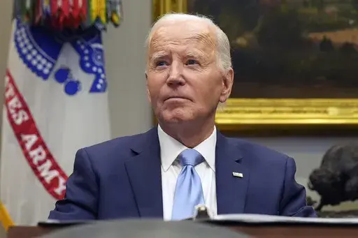 President Joe Biden listens during a briefing on the government's response to Hurricane Helene in the Roosevelt Room of the White House in Washington, Tuesday, Oct. 1, 2024. (AP Photo/Mark Schiefelbein)