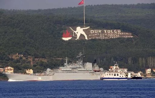 A Russian ship named Caesar Kunikov passes through the Dardanelles strait in Turkey en route to the Mediterranean Sea, on Oct. 4, 2015. Ukraine's military said Wednesday Feb. 14, 2024 it sank a Russian landing ship in the Black Sea using naval drones, a report that has not been confirmed by Russian forces. The Caesar Kunikov amphibious ship sank near Alupka, a city on the southern edge of the Crimean Peninsula that Moscow annexed in 2014, Ukraine’s General Staff said. It said the ship can carr