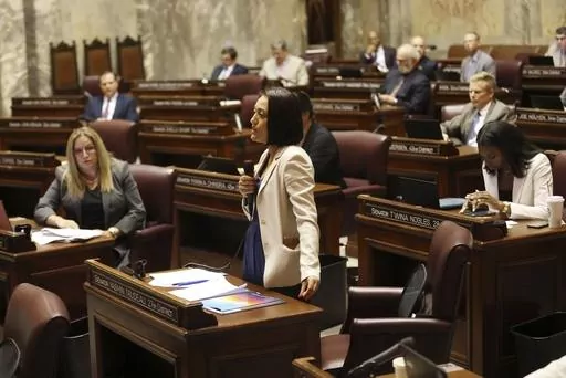 FILE -State Sen. Yasmin Trudeau, D-Tacoma speaks during a special session, Tuesday, May 16, 2023, in Olympia, Wash. Democratic Sen. Yasmin Trudeau, a Washington state lawmaker wants to prohibit police from hog-tying people, nearly four years after Manuel Ellis died facedown with his hands and feet cuffed together behind him in a case that became a touchstone for racial justice demonstrators in the Pacific Northwest. (Karen Ducey/The Seattle Times via AP, File, File)