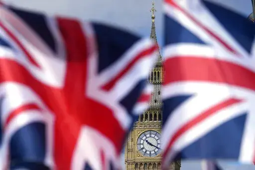 Union Jack flags are seen in front of the Elizabeth Tower, known as Big Ben, beside the Houses of Parliament in London, Friday, June 24, 2022. British Prime Minister Boris Johnson suffered a double blow as voters rejected his Conservative Party in two special elections dominated by questions about his leadership and ethics. He was further wounded when the party's chairman quit after the results came out early Friday, saying Conservatives “cannot carry on with business as usual.” (AP Photo/Fr