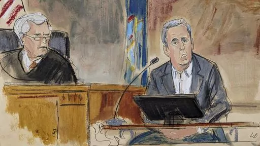 In this courtroom sketch, Michael Cohen testifies on the witness stand as Judge Arthur Engoron looks on from the bench in New York Supreme Court, Tuesday, Oct. 24, 2023, in New York. (Elizabeth Williams via AP)