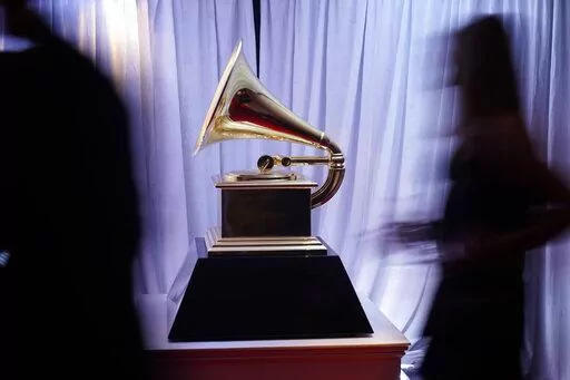 A view of a Grammy statue appears in the press room at the 65th annual Grammy Awards on Sunday, Feb. 5, 2023, in Los Angeles. (AP Photo/Jae C. Hong)