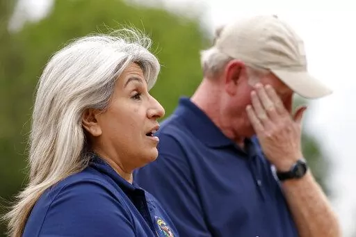 Joey and Paula Reed, parents of Trevor Reed, talk about his release during a news conference outside their Granbury, Texas, home, Wednesday, April 27, 2022. Russia and the United States carried out an unexpected prisoner exchange on Wednesday trading Reed, a Marine veteran jailed by Moscow, for a convicted Russian drug trafficker serving a long prison sentence in America. (Tom Fox/The Dallas Morning News via AP)