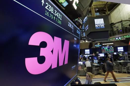The logo for 3M appears on a screen above the trading floor of the New York Stock Exchange, Oct. 24, 2017. 3M has fired prominent company executive Michael Vale due to “inappropriate personal conduct and violation of company policy,” the maker of Post-it notes, industrial coatings and ceramics announced on Monday, May 15, 2023. (AP Photo/Richard Drew, File)