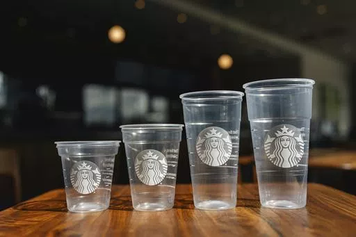 This photo provided by Starbucks shows a new version of the company's cold cup which is said to be made with up to 20% less plastic. The introduction of the cups will be announced on Thursday, April 18, 2024. (Starbucks via AP)