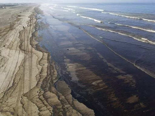Oil pollutes Cavero beach in Ventanilla, Callao, Peru, Tuesday, Jan. 18, 2022, after high waves attributed to the eruption of an undersea volcano in Tonga caused an oil spill. The Peruvian Civil Defense Institute said in a press release that a ship was loading oil into La Pampilla refinery on the Pacific coast on Sunday when strong waves moved the boat and caused the spill. (AP Photo/Martin Mejia)
