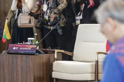 The chair reserved for Myanmar's leader is left unoccupied during the retreat session at the 42nd ASEAN Summit in Labuan Bajo, East Nusa Tenggara province, Indonesia, Thursday, May 11, 2023. (Mast Irham/Pool Photo via AP)