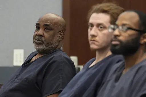 Duane "Keffe D" Davis, left, appears in District Court for his involvement in the 1996 killing of rapper Tupac Shakur Tuesday, Feb. 18, 2025, in Las Vegas. (AP Photo/John Locher, Pool)