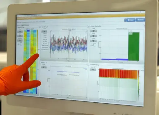 A lab assistant points at charts of a sequenced Covid-19 virus at the Wellcome Sanger Institute that is operated by Genome Research in Cambridge, England, Thursday, March 4, 2021. After dropping most coronavirus restrictions in February 2022, Britain is now ending some COVID-19 testing and monitoring programs, a move some scientists fear will complicate efforts to track the virus and detect worrisome new variants. (AP Photo/Frank Augstein, File)