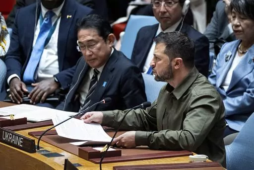 Ukrainian President Volodymyr Zelenskyy addresses a high level Security Council meeting during the 78th session of the United Nations General Assembly at U.N. headquarters, Wednesday, Sept. 20, 2023. (AP Photo/Craig Ruttle)