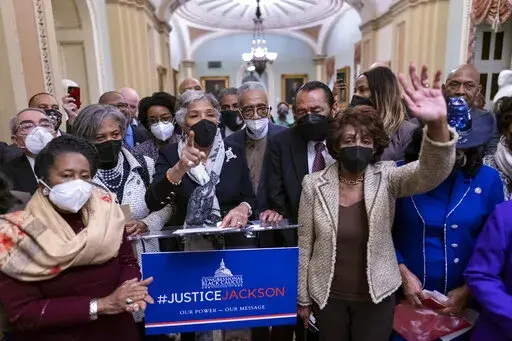 Members of the Congressional Black Caucus, with Rep. Sheila Jackson Lee, D-Tex., left, Rep. Joyce Beatty, D-Ohio, center, and Rep. Maxine Waters, D-Calif., right, speak to reporters outside the Senate chamber just after the vote to confirm Supreme Court nominee Ketanji Brown Jackson, securing her place as the first Black woman on the high court, at the Capitol in Washington, Thursday, April 7, 2022. (AP Photo/J. Scott Applewhite)