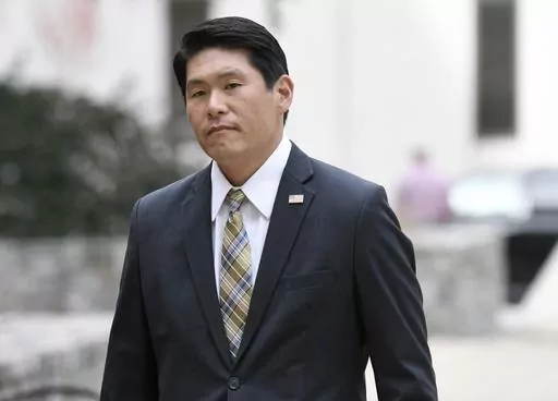 U.S. Attorney Robert Hur arrives at U.S. District Court in Baltimore on Nov. 21, 2019. (AP Photo/Steve Ruark, File)