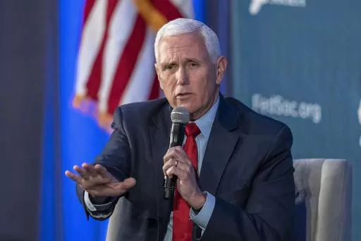 Former Vice President Mike Pence speaks at the Federalist Society Executive Branch Review conference, Tuesday, April 25, 2023, in Washington. (AP Photo/Alex Brandon)