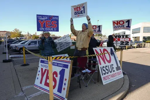 People gather in the parking lot of the Hamilton County Board of Elections as people arrive for early in-person voting in Cincinnati, Nov. 2, 2023. Voters in several states have used the citizen initiative process to protect access to abortion and other reproductive rights in the two years since the U.S. Supreme Court overturned a nationwide right to abortion. (AP Photo/Carolyn Kaster, File)