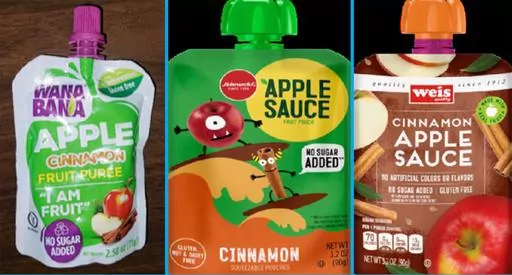 This image provided by the U.S. Food and Drug Administration on Thursday, Nov. 17, 2023, shows three recalled applesauce products - WanaBana apple cinnamon fruit puree pouches, Schnucks-brand cinnamon-flavored applesauce pouches and variety pack, and Weis-brand cinnamon applesauce pouches. U.S. health officials said Friday, Fan. 5, 2024, that recalled cinnamon applesauce pouches tied to lead poisoning in U.S. kids contained chromium, a chemical element that can be toxic. The cinnamon apple puree