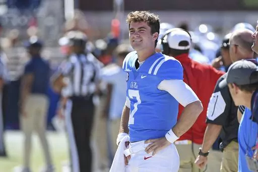 Then-Mississippi quarterback Luke Altmyer (7) watches from the sidelines during the second half of an NCAA college football game between Mississippi and Kentucky in Oxford, Miss., Saturday, Oct. 1, 2022. Altmyer will be the starting quarterback for Illinois when it opens the season at home against Toledo on Sept. 2, coach Bret Bielema announced Monday, Aug. 21, 2023. Altmyer transferred to Illinois in January after two seasons at Mississippi. (AP Photo/Thomas Graning, File)