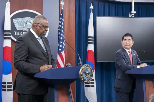 Defense Secretary Lloyd Austin, left, speaks during a joint press briefing with South Korean Defense Minister Kim Yong Hyun, right, at the Pentagon on Wednesday, Oct. 30, 2024 in Washington. (AP Photo/Kevin Wolf)