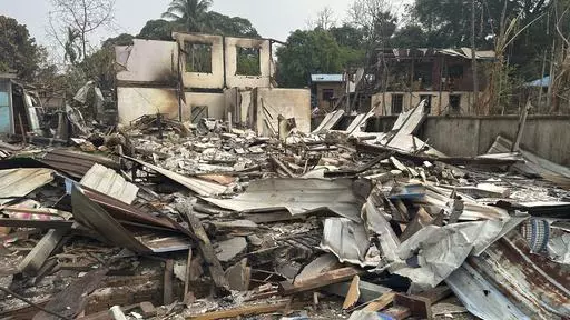 This undated photo released by the Free Burma Rangers, shows a monastery destroyed by a Burmese military airstrike on March 31, 2024, in Papun, Karen state, Myanmar. (Free Burma Rangers via AP)