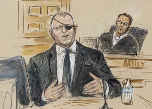 This artist sketch depicts the trial of Oath Keepers leader Stewart Rhodes, left, as he testifies before U.S. District Judge Amit Mehta on charges of seditious conspiracy in the Jan. 6, 2021, attack on the U.S. Capitol, in Washington, Nov. 7, 2022. Rhodes and members of his antigovernment group will be the first Jan. 6 defendants sentenced for seditious conspiracy in a series of hearings beginning this week that will set the standard for more punishments of far-right extremists to follow. (Dana 