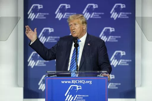 Republican presidential candidate and former President Donald Trump speaks at an annual leadership meeting of the Republican Jewish Coalition, Saturday, Oct. 28, 2023, in Las Vegas. Trump on Monday, March 18, 2024, charged that Jews who vote for Democrats “hate Israel” and hate “their religion,” igniting a firestorm of criticism from the White House and Jewish leaders.(AP Photo/John Locher, File)