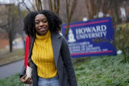 Howard University School of Law student Jasmine Marchbanks-Owens is photographed at the Howard University School of Law campus, Thursday, Feb. 3, 2022. For Marchbanks-Owens and other Black women, President Joe Biden’s pledge to nominate a Black woman to the Supreme Court is a source of inspiration that will bring needed balance and perspective to the high court. (AP Photo/Carolyn Kaster)