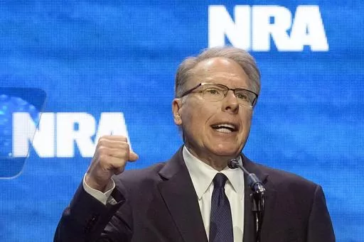Wayne LaPierre, CEO and executive vice-president of the National Rifle Association, addresses the National Rifle Association Convention, April 14, 2023, in Indianapolis. The National Rifle Association of America (NRA) announced Friday, Jan. 5, 2024, that LaPierre said he is stepping down from his position as chief executive of the organization, effective Jan. 31. (AP Photo/Darron Cummings, File)