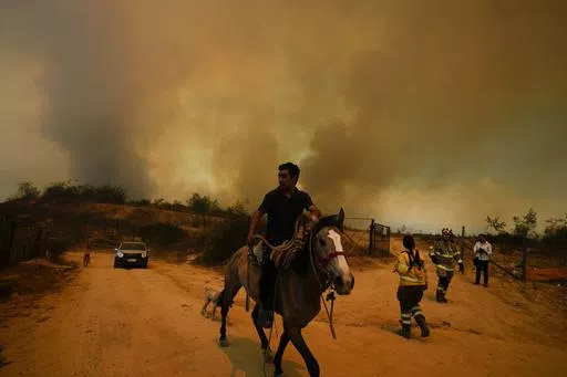 A resident flees an encroaching forest fire in Vina del Mar, Chile, Feb. 3, 2024. Police arrested a suspect on Friday, May 24, 2024, for allegedly causing the forest fire that left 137 dead and injured some 16,000 people in the Valparaíso region. (AP Photo/Esteban Felix, File)