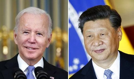 This combination image shows U.S. President Joe Biden in Washington, Nov. 6, 2021, and China's President Xi Jinping in Brasília, Brazil, Nov. 13, 2019. President Biden says he hopes to use an anticipated meeting with China’s President Xi Jinping to discuss growing tensions between Washington and Beijing over the self-ruled island of Taiwan, trade policies and Beijing’s relationship with Russia. The White House has said that it is working with Chinese officials to arrange a meeting between B
