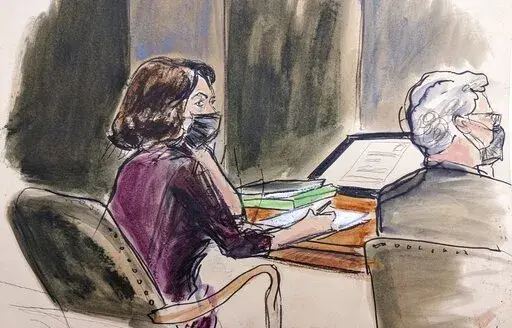 In this courtroom sketch, Ghislaine Maxwell, left, sits at the defense table with defense attorney Jeffrey Pagliuca while listening to testimony in her sex abuse trial, Thursday, Dec. 16, 2021, in New York. (Elizabeth Williams via AP)
