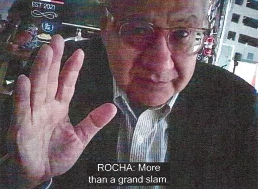 This image provided by the U.S. Justice Department and contained in the affidavit in support of a criminal complaint, shows Manuel Rocha during a meeting with a FBI undercover employee. On Thursday, Feb. 29, 2024, Rocha, 73, told a judge he would admit to federal counts of conspiring to act as an agent of a foreign government, charges that could land him behind bars for several years. (Justice Department via AP, File)