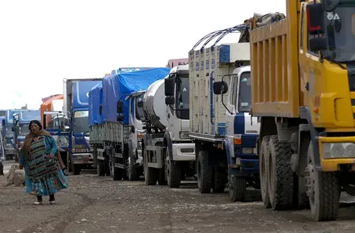 A woman walks next to a queue of truck drivers waiting to fill their diesel tanks in El Alto, Bolivia, Tuesday, Nov. 26, 2024. (AP Photo/Juan Karita)