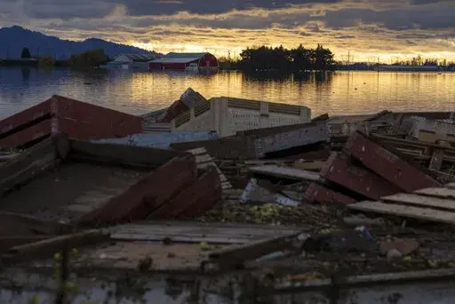 Debris is piled up as farms are surrounded by floodwaters caused by heavy rains and mudslides in Abbotsford, British Columbia, Friday, Nov. 19, 2021. (Jonathan Hayward/The Canadian Press via AP)