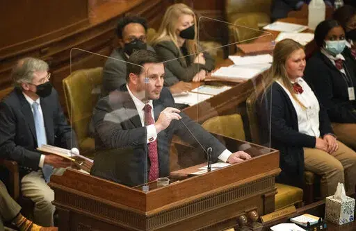House Ways and Means Chairman Rep. Trey Lamar, R–Senatobia, introduces a bill on the Mississippi House of Representatives floor to phase out income tax, reduce grocery tax and increase the state sales tax in Jackson, Miss., Wednesday, Jan. 12, 2022. The bill was passed by a vote of 96-12. (Barbara Gauntt/The Clarion-Ledger via AP)